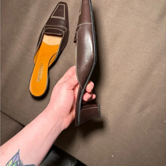 Bruno Magli Dark Brown Leather Square-Toe Slip-On Mules - Picture 5 of 7